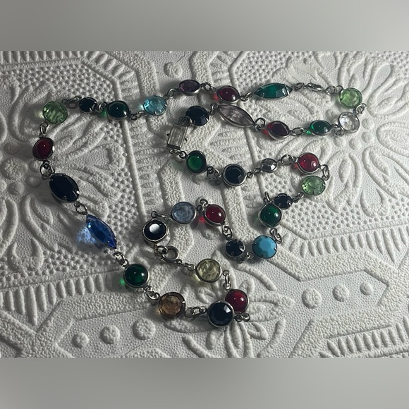 Multicolour Crystal Semi Precious Stone Glass Vintage Silver Unmarked Necklace - Picture 11 of 12
